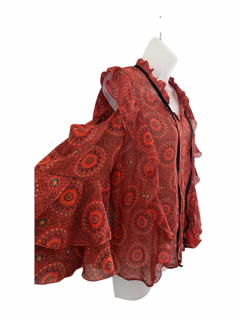 Boho Geometric Medallion Cold Shoulder Ruffle Blouse - Picture 5 of 8